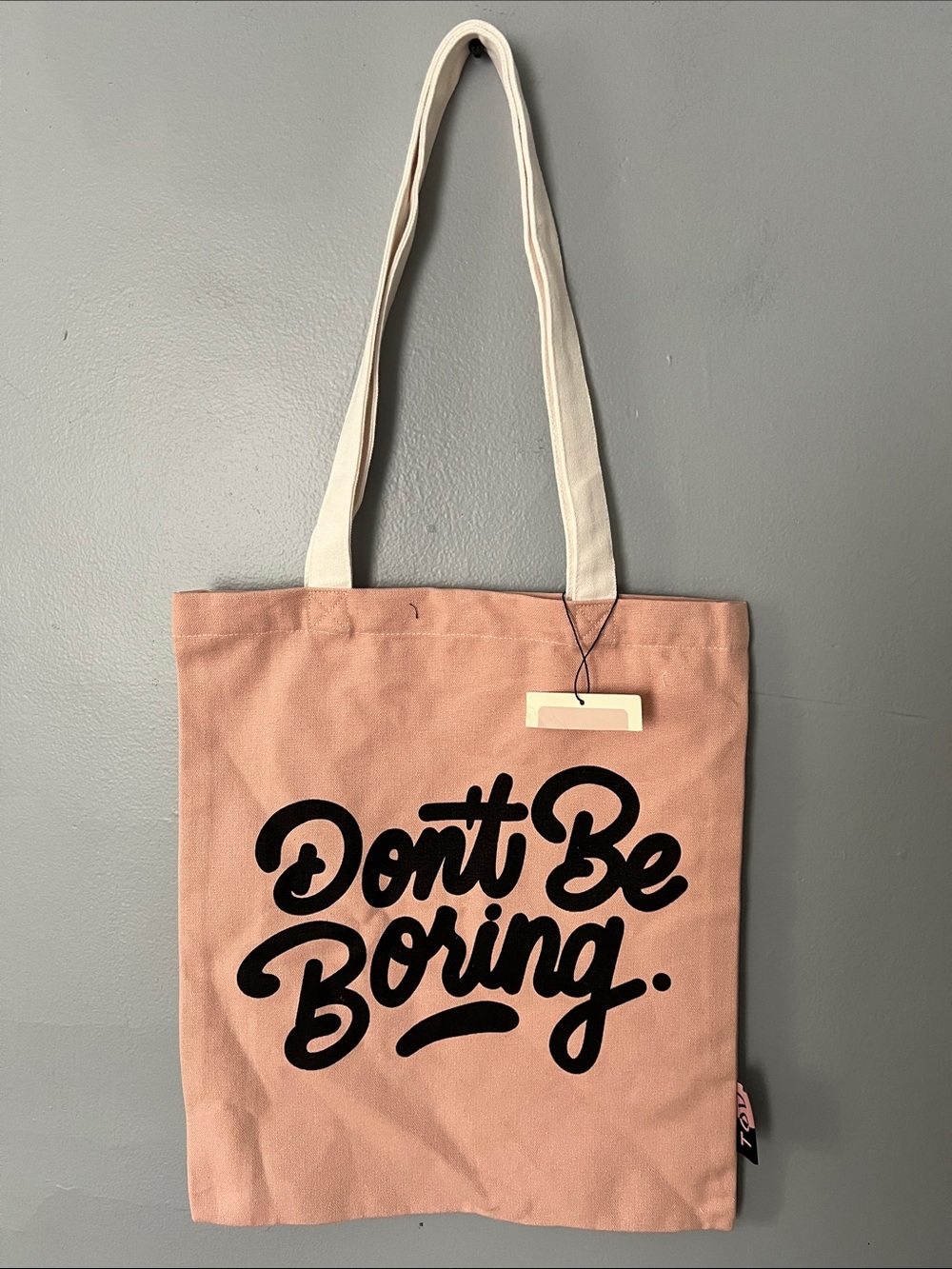 TOVE Pink Canvas Tote with Black Script and Cream Straps